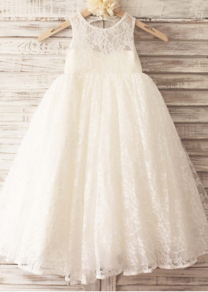 Ivory Lace Keyhole Back Country Maxi Flower Girl Dress